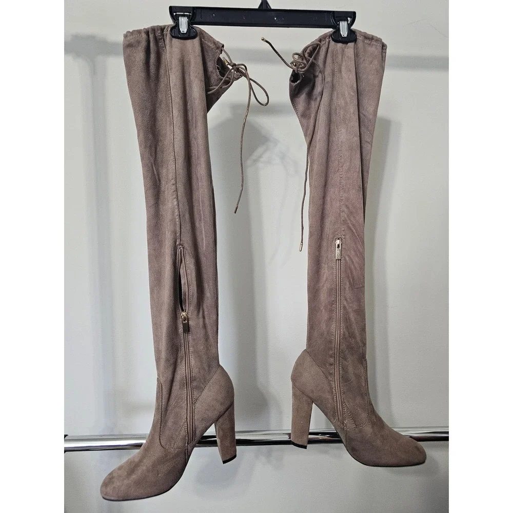 Taupe Over the Knee Boots Womens Sz 9 Thigh High Heeled Boots Nude Autumn Winter